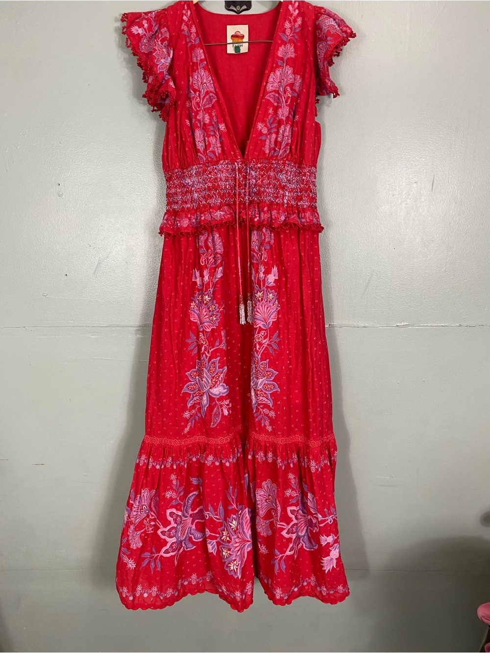 Farm Rio Shell Garden Maxi Dress Red Floral Sundress Medium